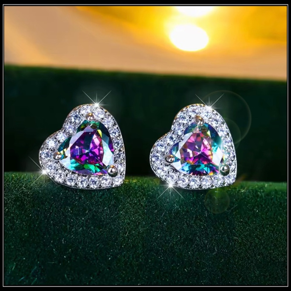 Clearance! NEW SILVER MYSTIC TOPAZ SIMULATED DIAMOND HALO SWEET HEART EARRINGS